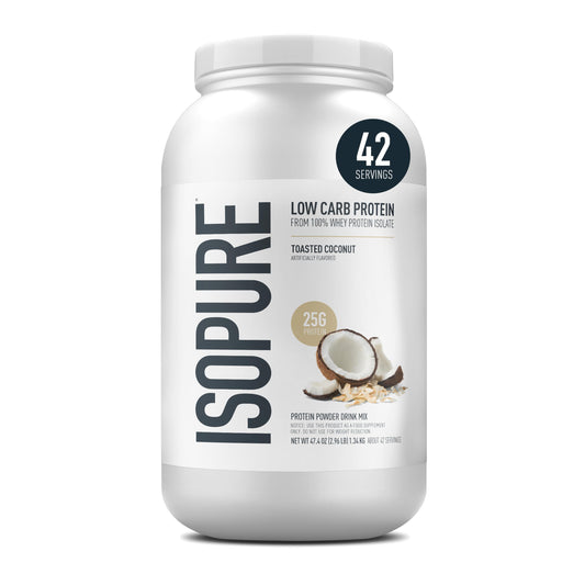Isopure toasted coconut bottle showing 25g protein per serving
