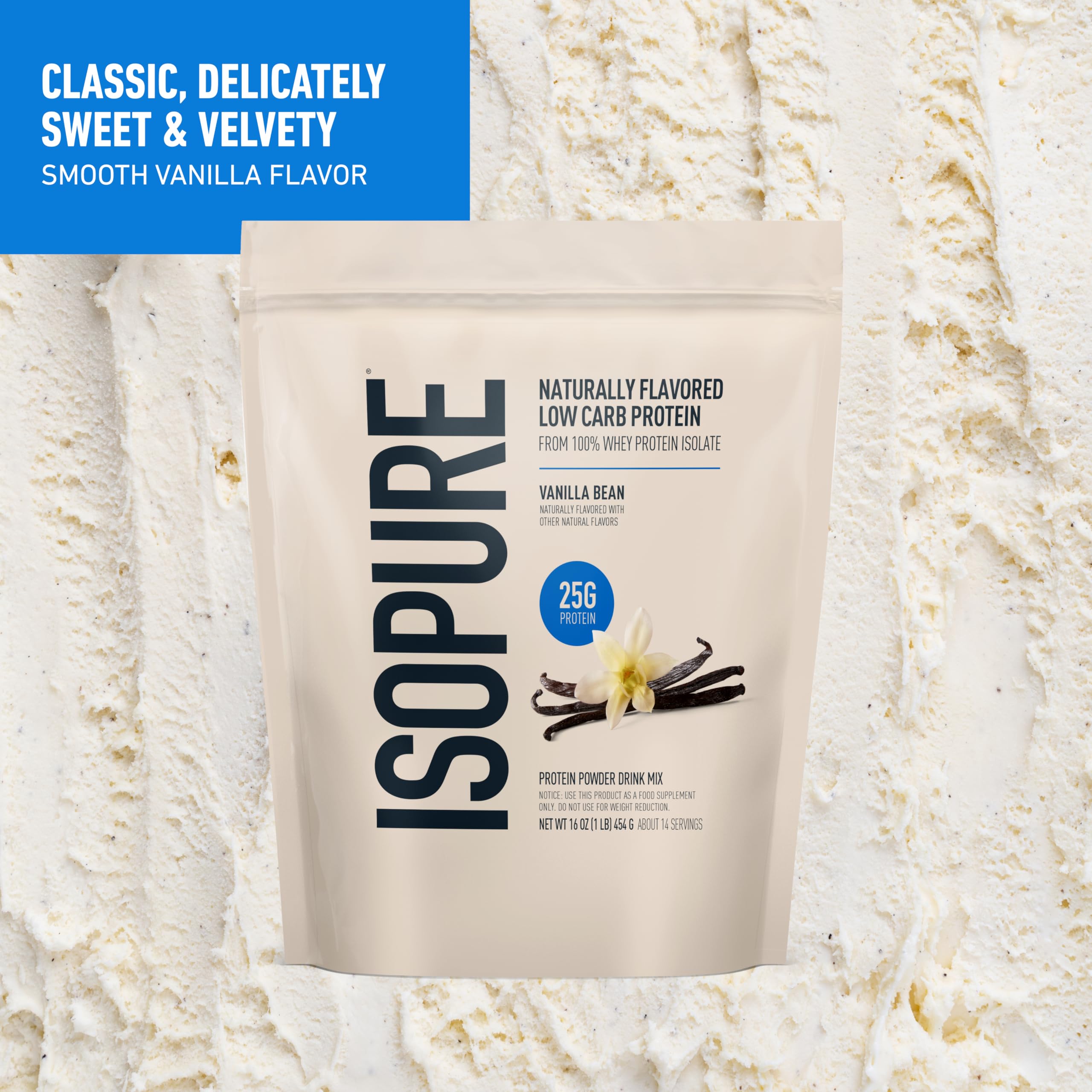 Isopure Vanilla Bean whey isolate powder bag close-up highlights purity.
