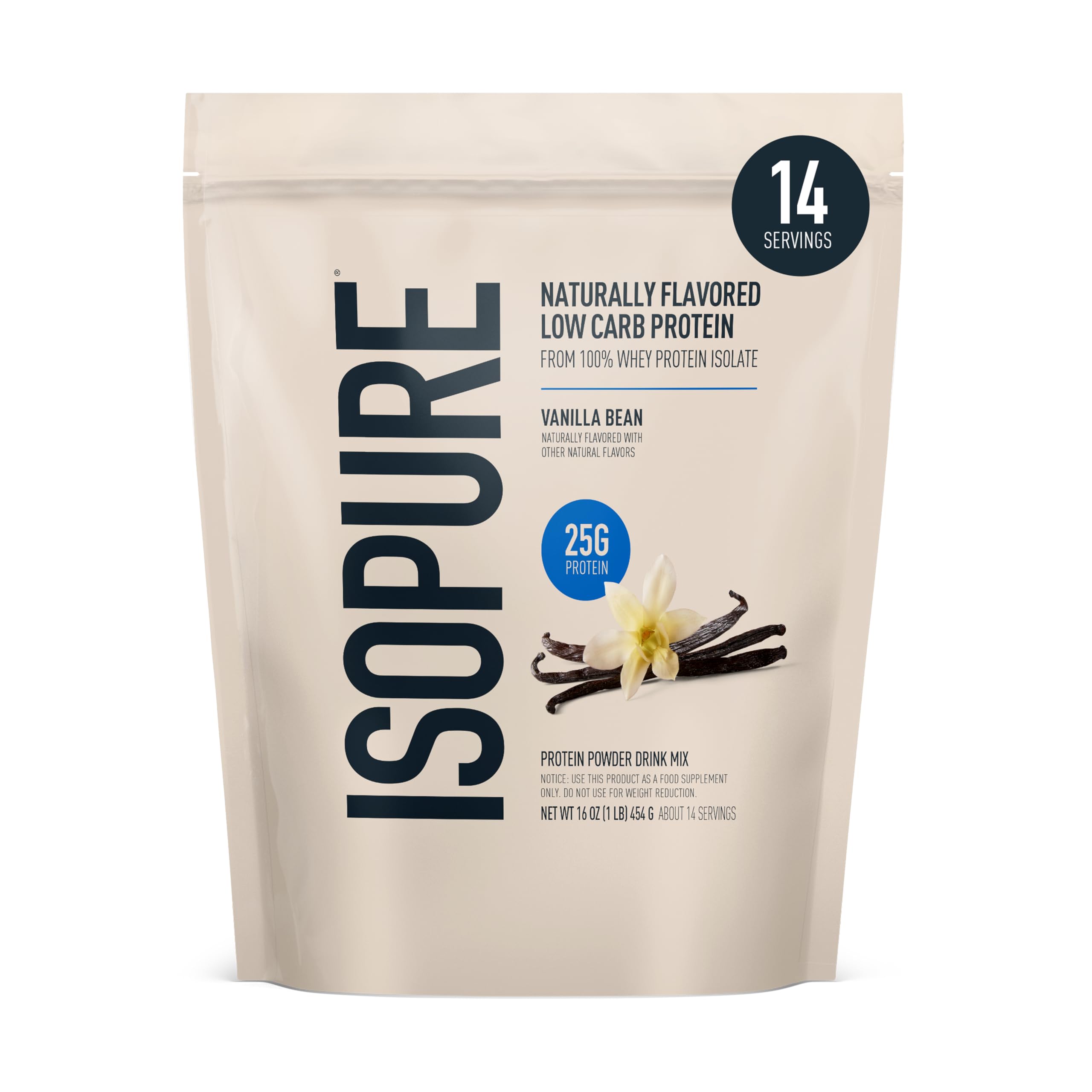 Isopure Vanilla Bean whey isolate tub for a high-protein lactose-free shake.