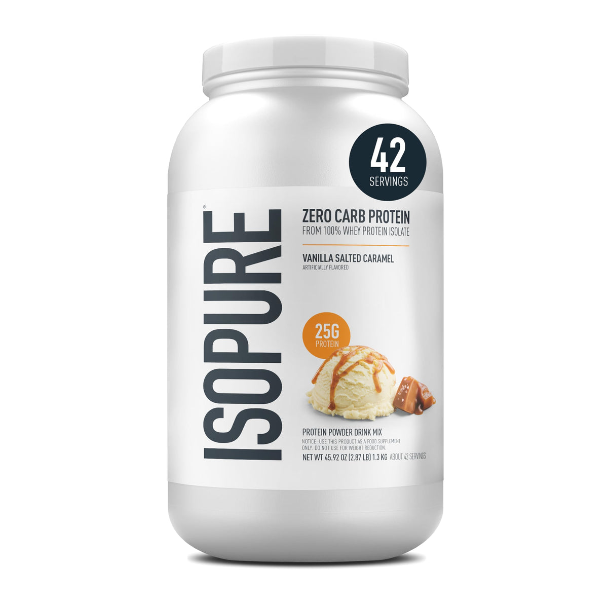 Isopure Vanilla Salted Caramel powder in a jar for high-protein post-workout fueling.