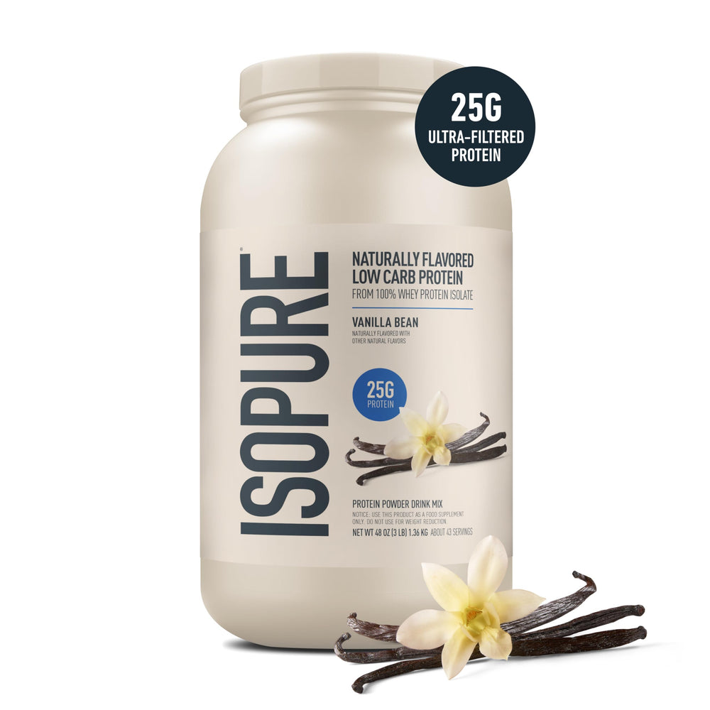 Isopure vanilla whey isolate nutrition facts highlighting gluten-free and lactose-free.