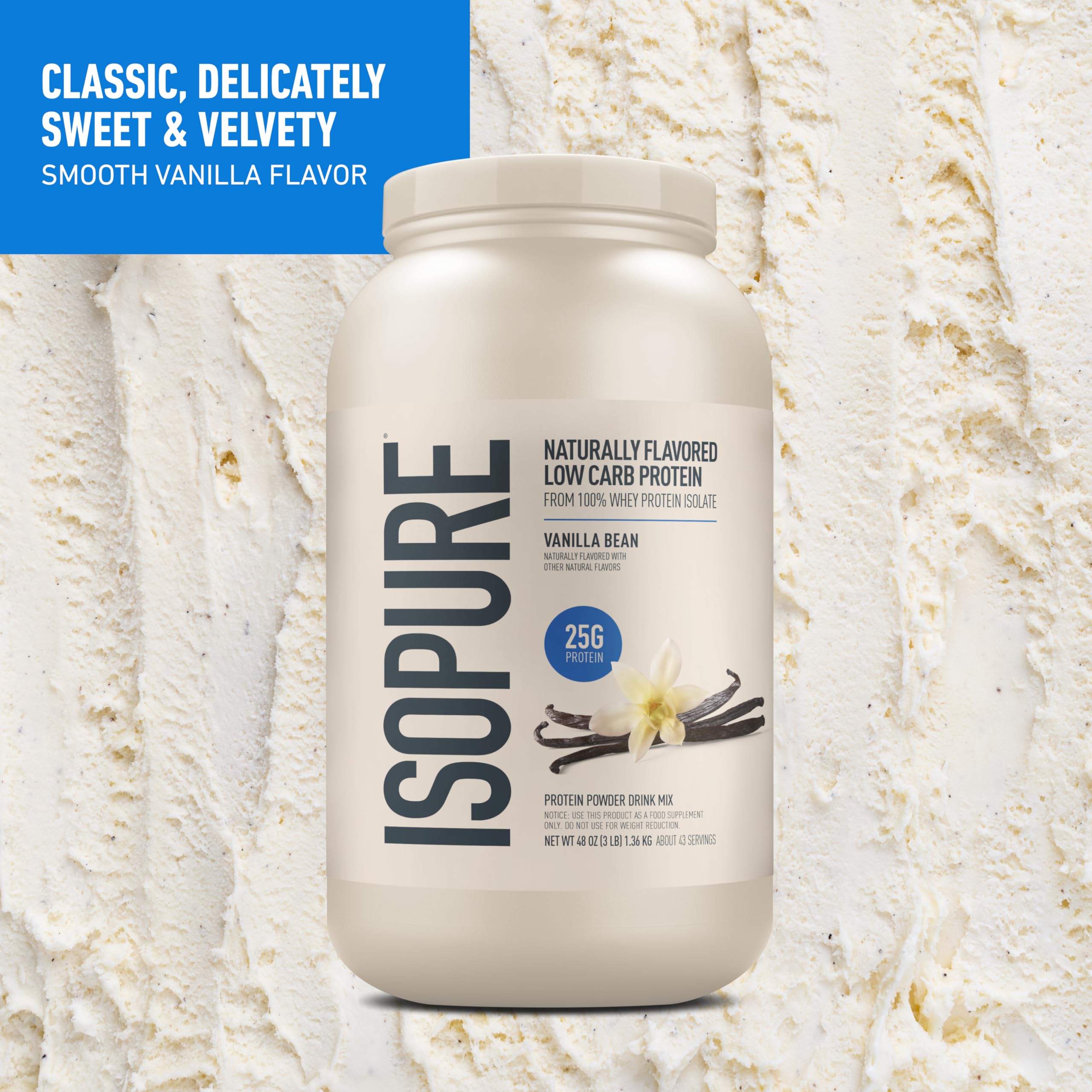 Scoop of Isopure vanilla whey isolate ready for a quick shake.
