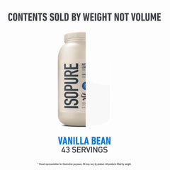 Isopure vanilla whey isolate powder beside measuring scoop.