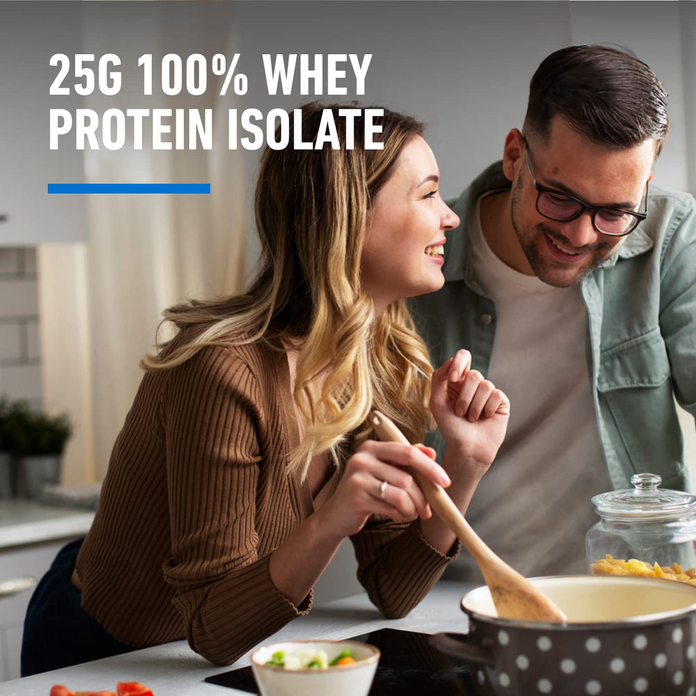 Close-up nutrition panel showing 25g protein per serving