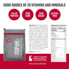 Close-up of Isopure whey isolate label highlighting 25g protein per serving.