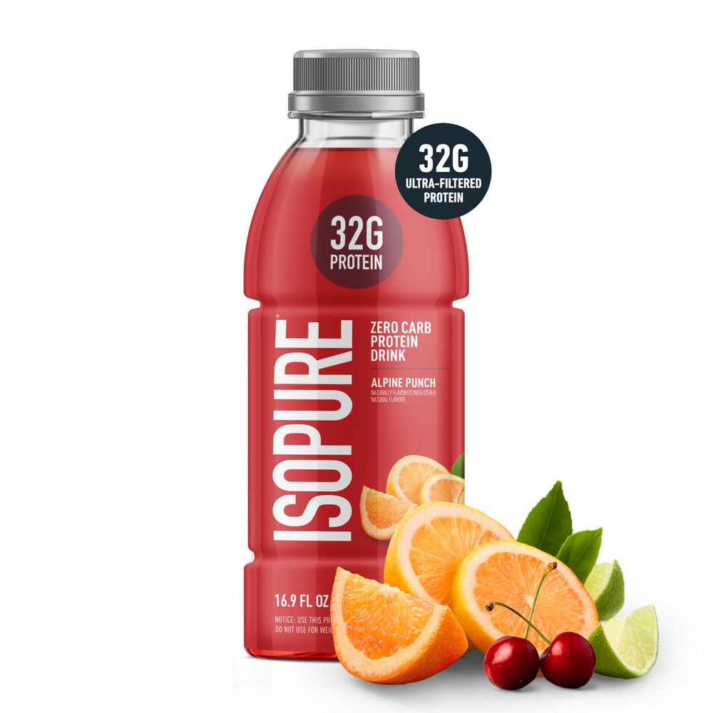Isopure Alpine Punch bottle pour highlights refreshing, zero sugar option