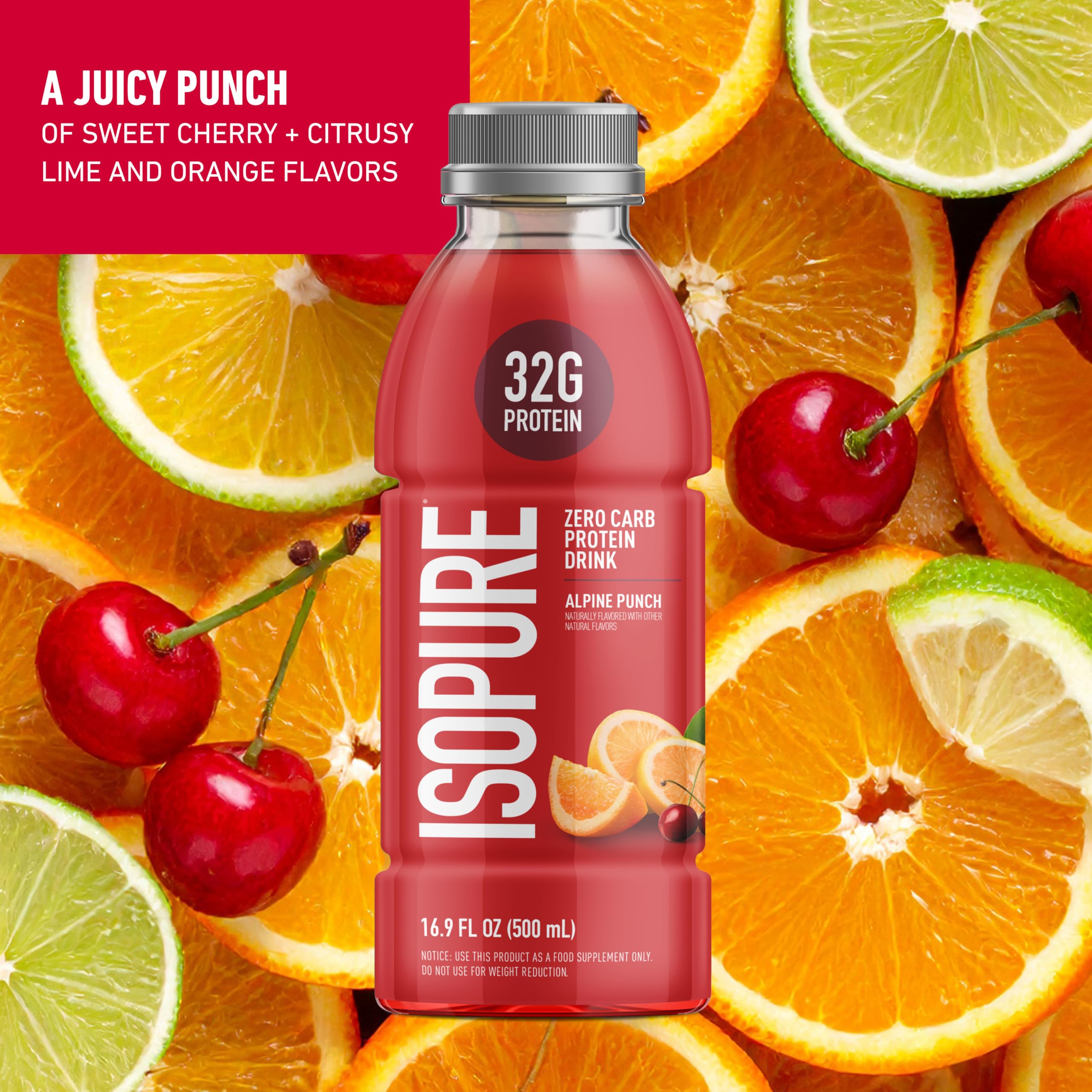 Isopure Alpine Punch label closeup shows 32g protein per bottle