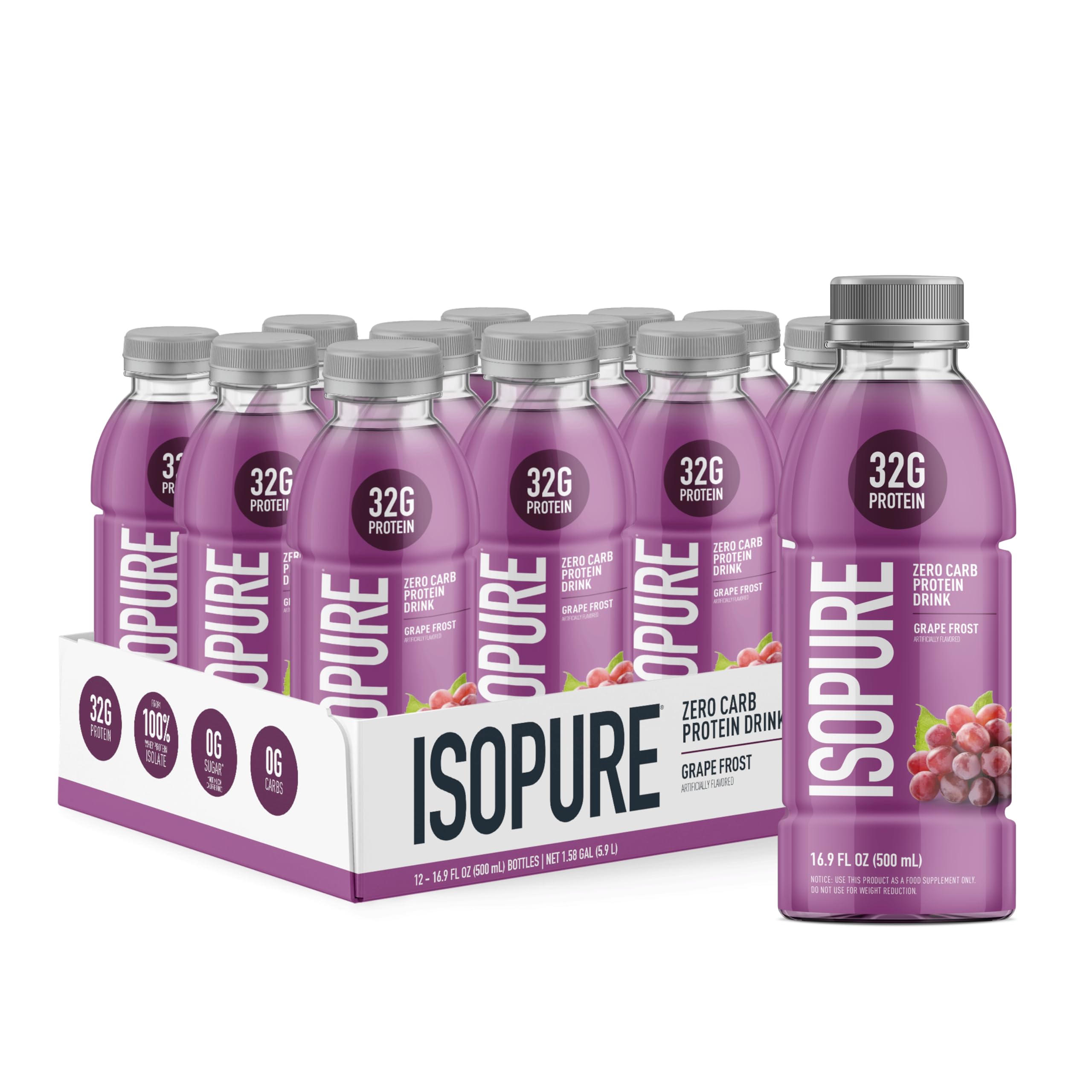 Isopure Zero Carb 32g bottle front label visible for keto-friendly protein