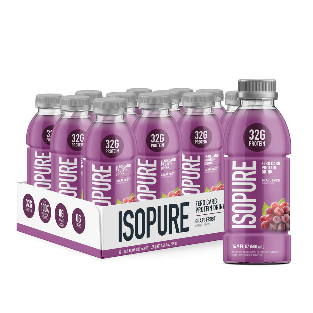 Isopure Zero Carb 32g bottle front label visible for keto-friendly protein