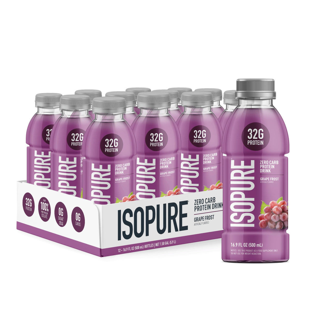 Isopure Zero Carb 32g bottle front label visible for keto-friendly protein