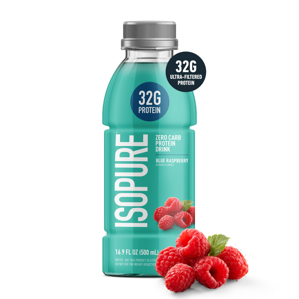 Isopure Zero Carb Blue Raspberry bottle-open ready-to-drink post-workout on the go