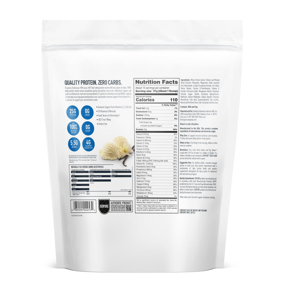 Isopure Zero Carb whey isolate powder in vanilla flavor for low-carb shakes