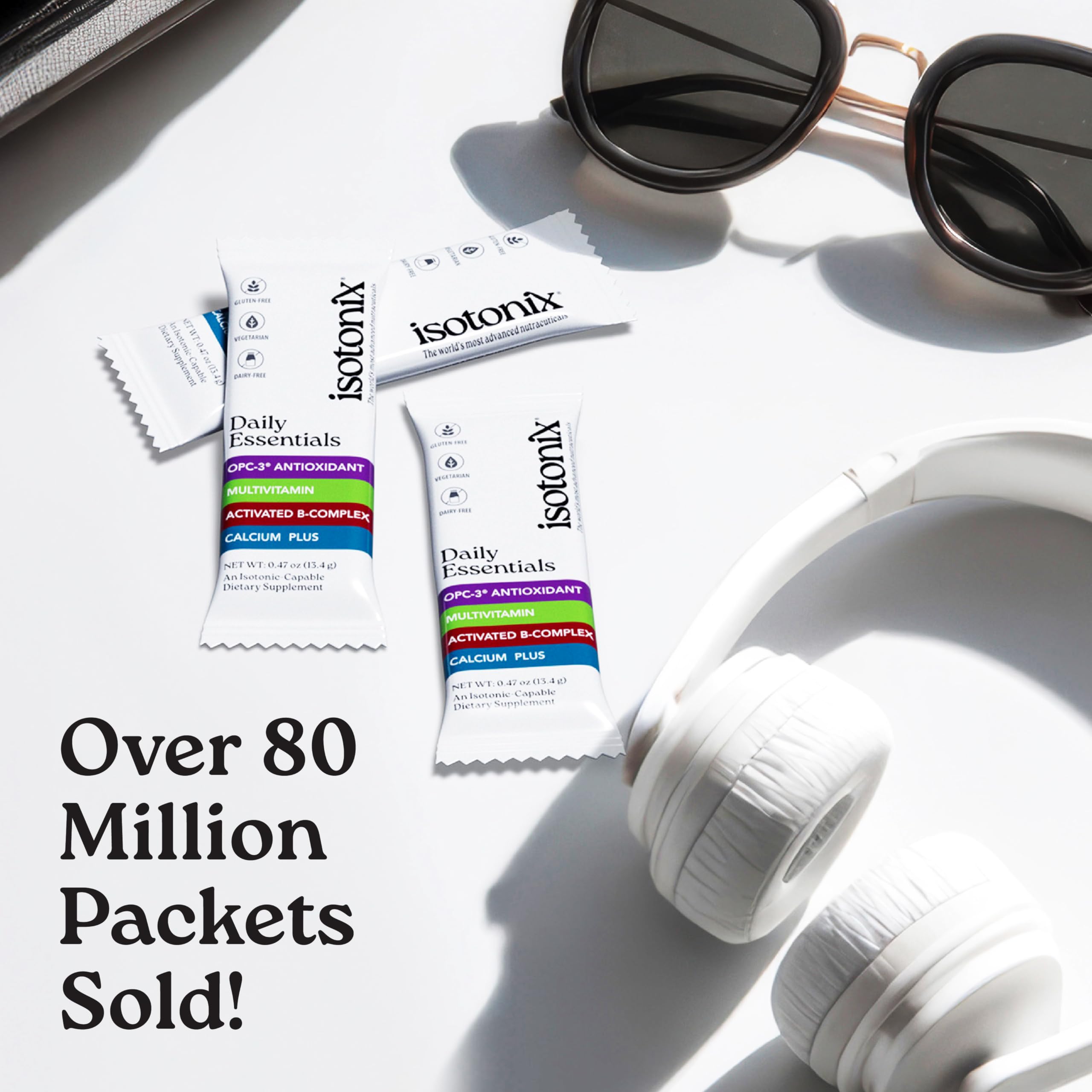 Isotonix Daily Essentials packet being poured into water for fast absorption.