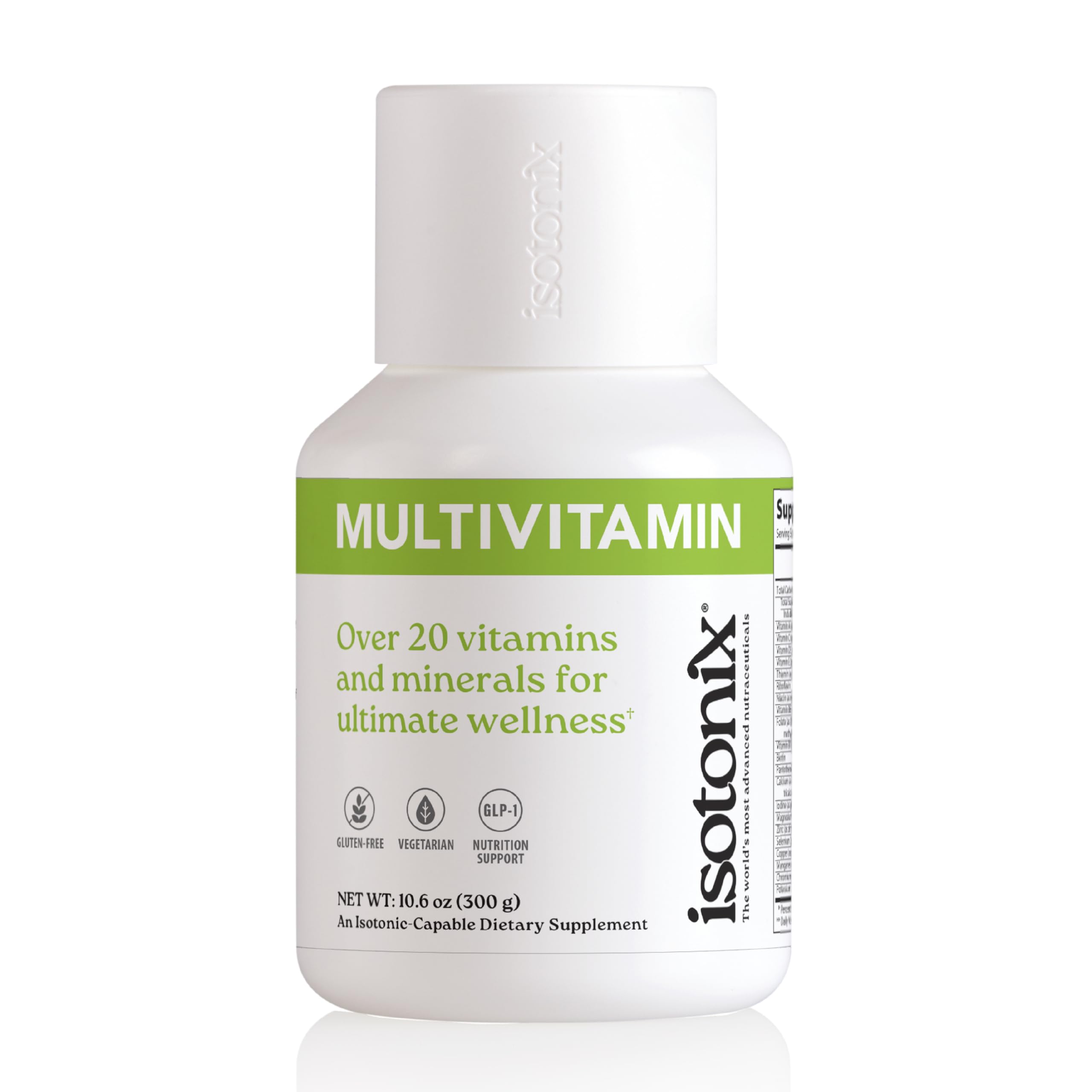 Isotonix Multivitamin Powder Without Iron bottle label highlighting essential nutrients for daily support.