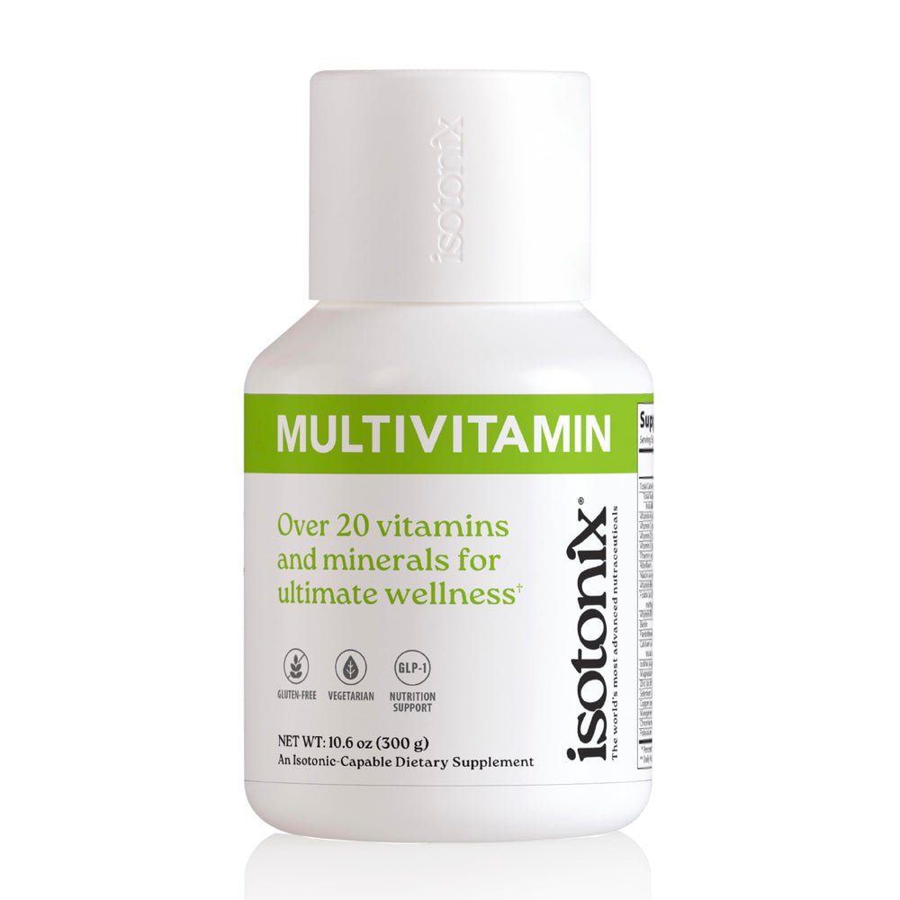 Isotonix Multivitamin Powder Without Iron bottle label highlighting essential nutrients for daily support.