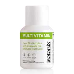 Isotonix Multivitamin Powder Without Iron bottle label highlighting essential nutrients for daily support.