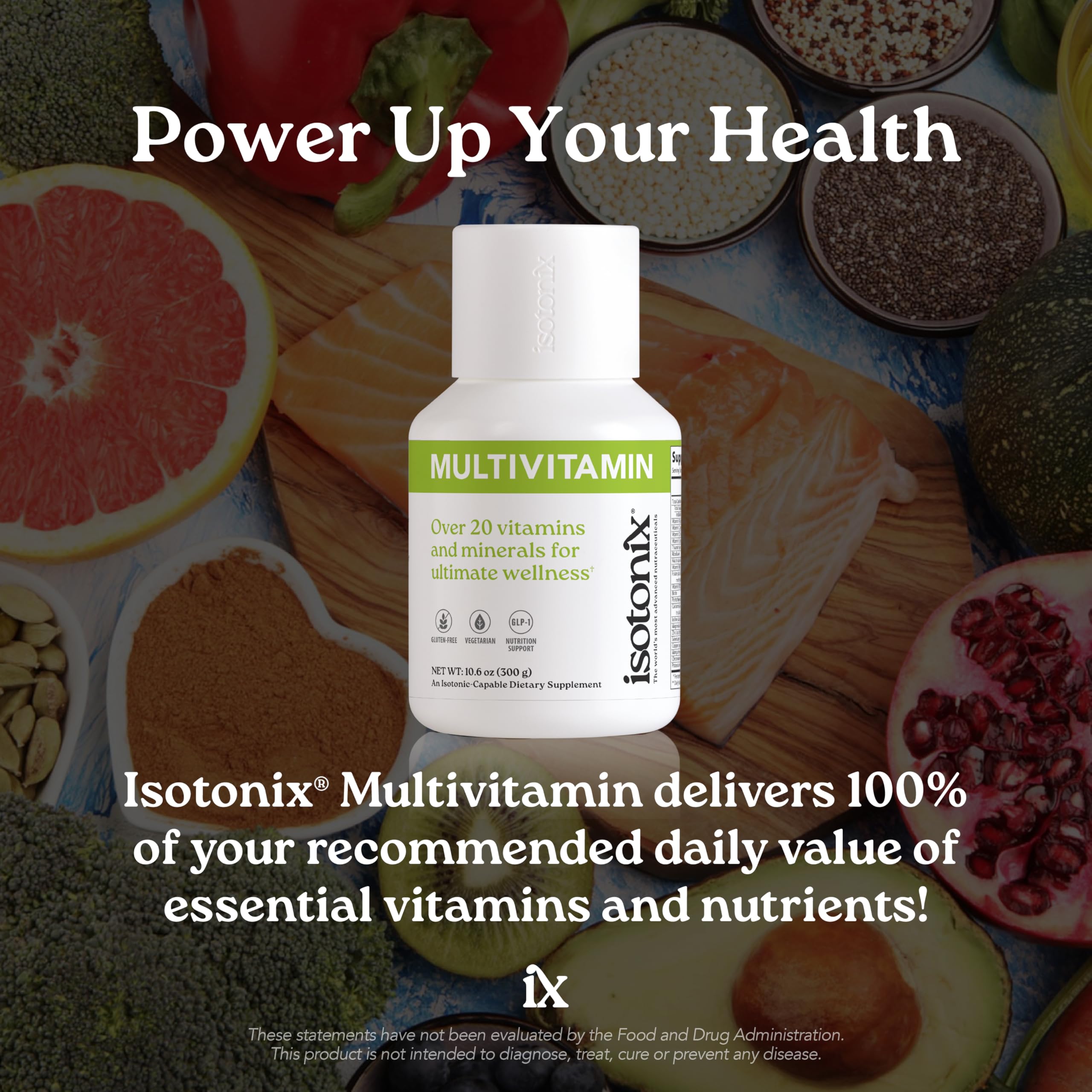 Isotonix Multivitamin Powder Without Iron jar opened shows fast-mix isotonic solution for quick hydration.