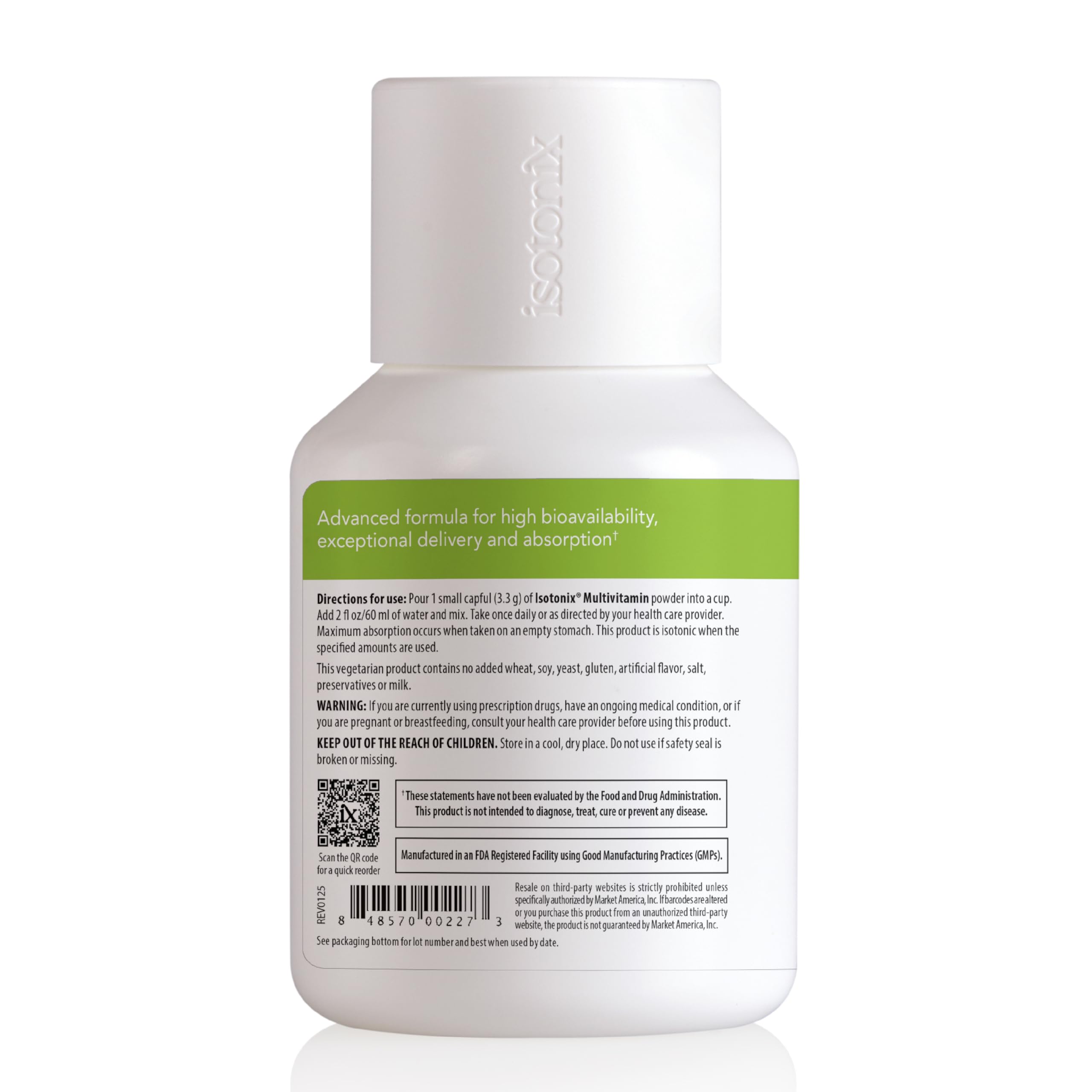 Isotonix vegetarian gluten-free non-GMO label highlights clean-label nutrition.