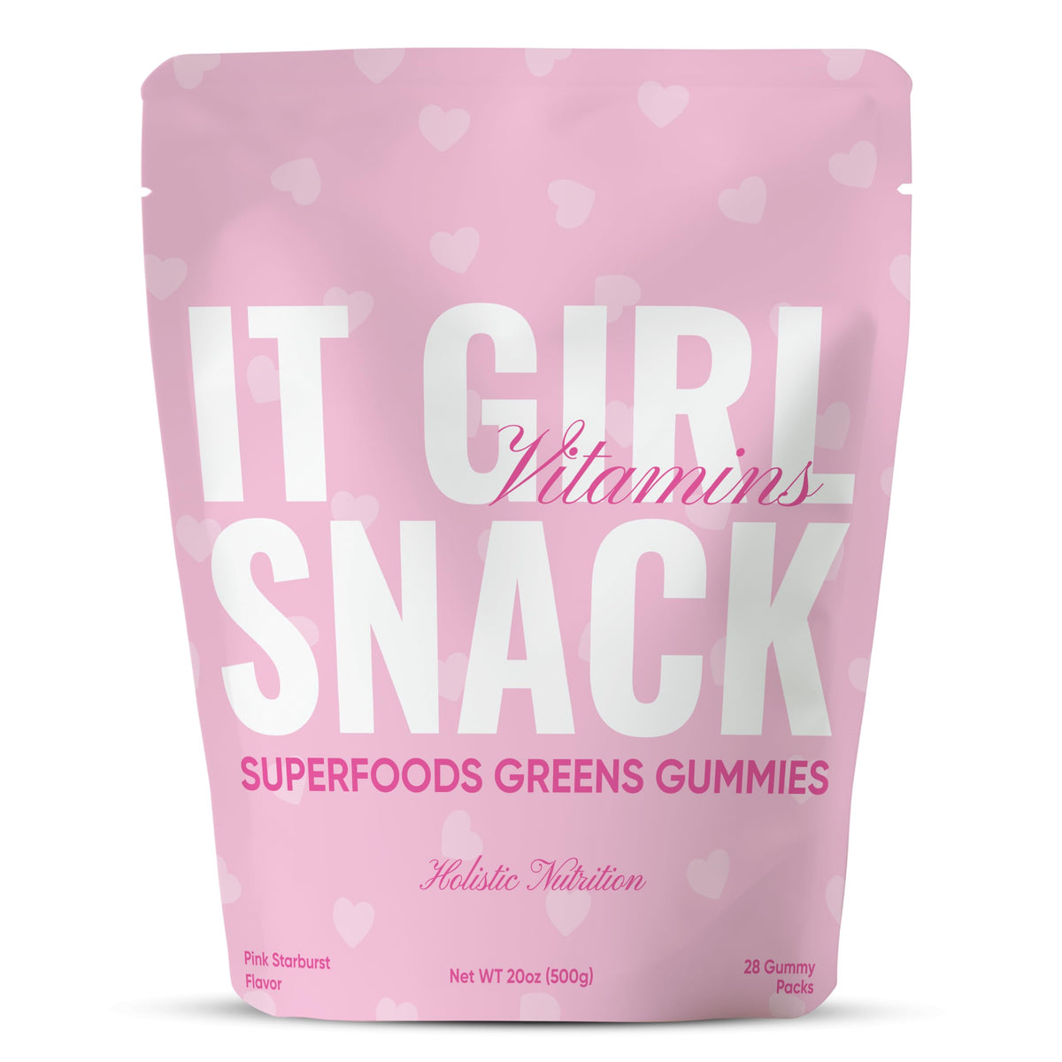 It Girl Vitamins Organic Super Greens Gummies bottle with pink hearts for gut-friendly daily nutrition
