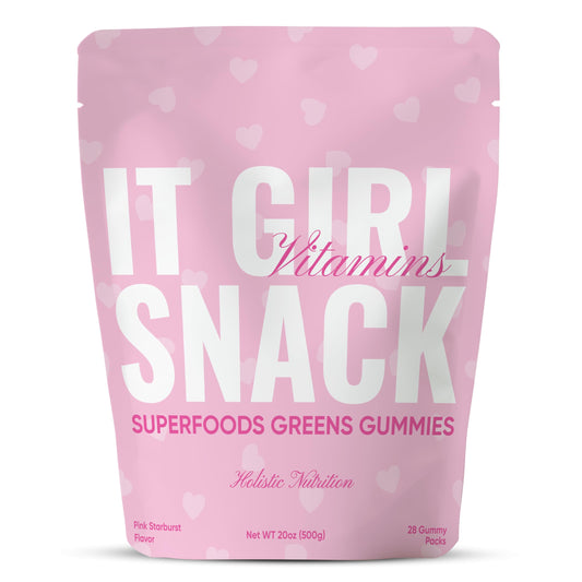 It Girl Vitamins Organic Super Greens Gummies bottle with pink hearts for gut-friendly daily nutrition