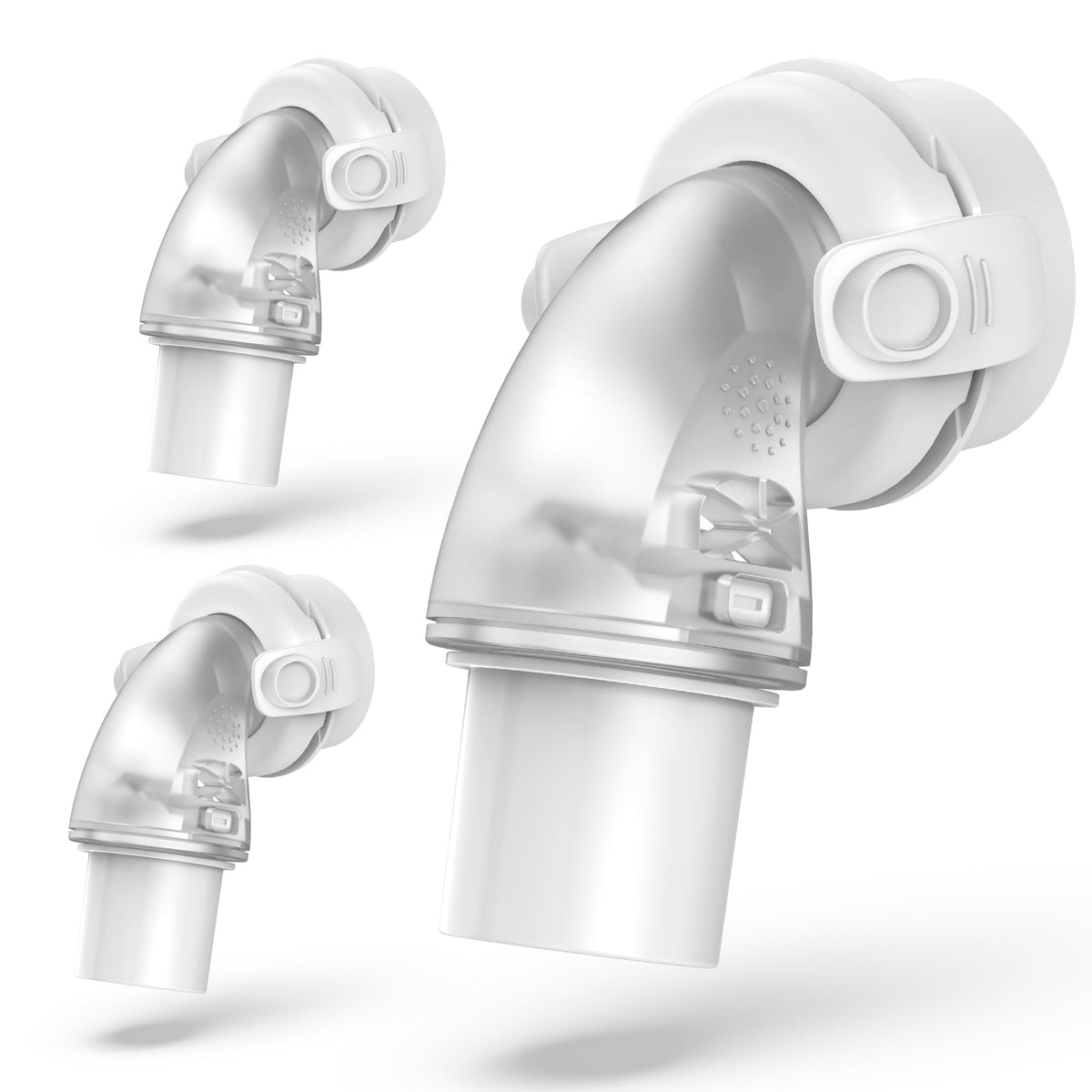 ItAll swivel elbow connector for AirFit F20/F30 delivers quiet venting.