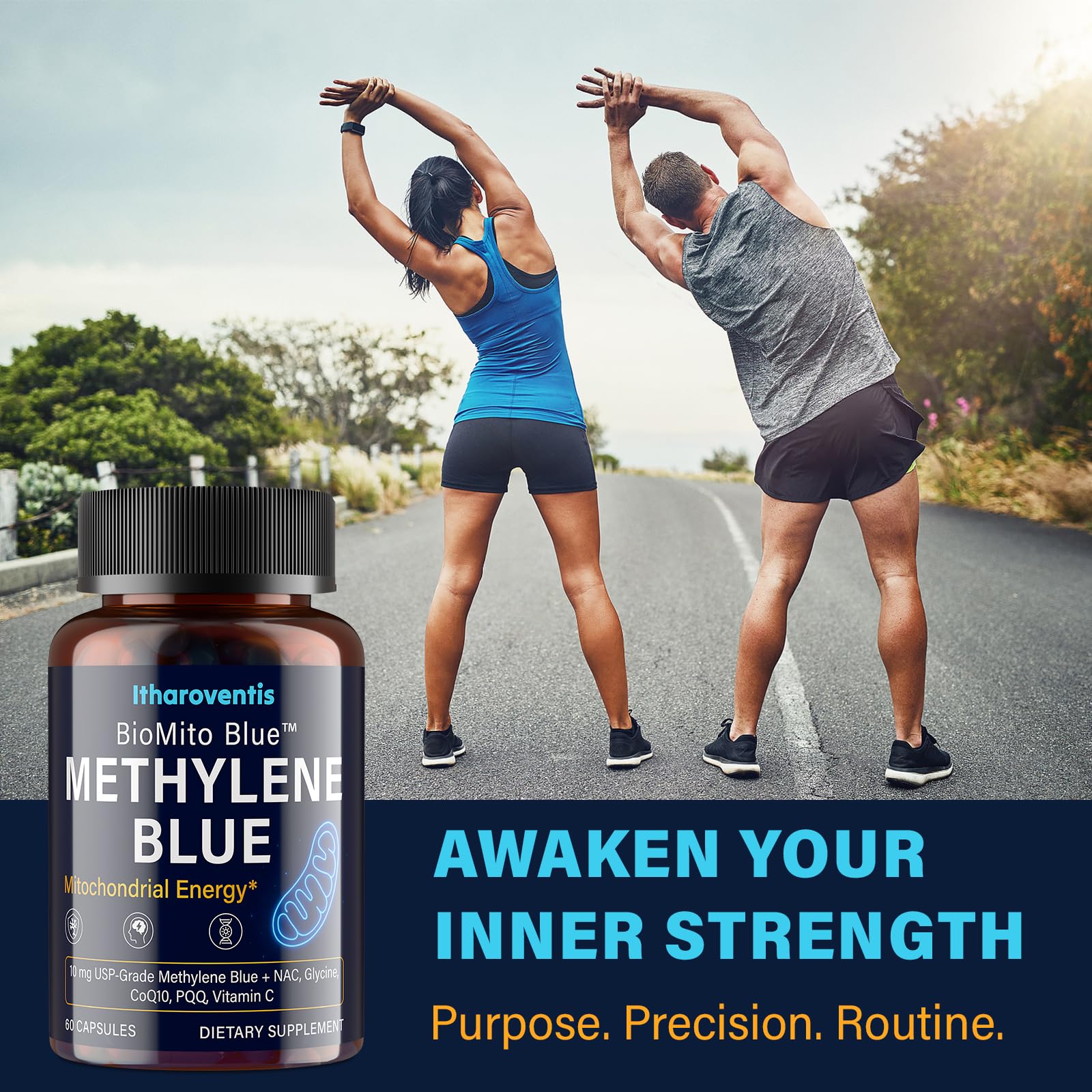 Packaging display of Itharoventis Methylene Blue Capsules bottle on a clean surface.