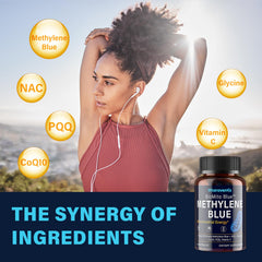 Pour shot of Itharoventis Methylene Blue Capsules flowing from the bottle for on-the-go use.