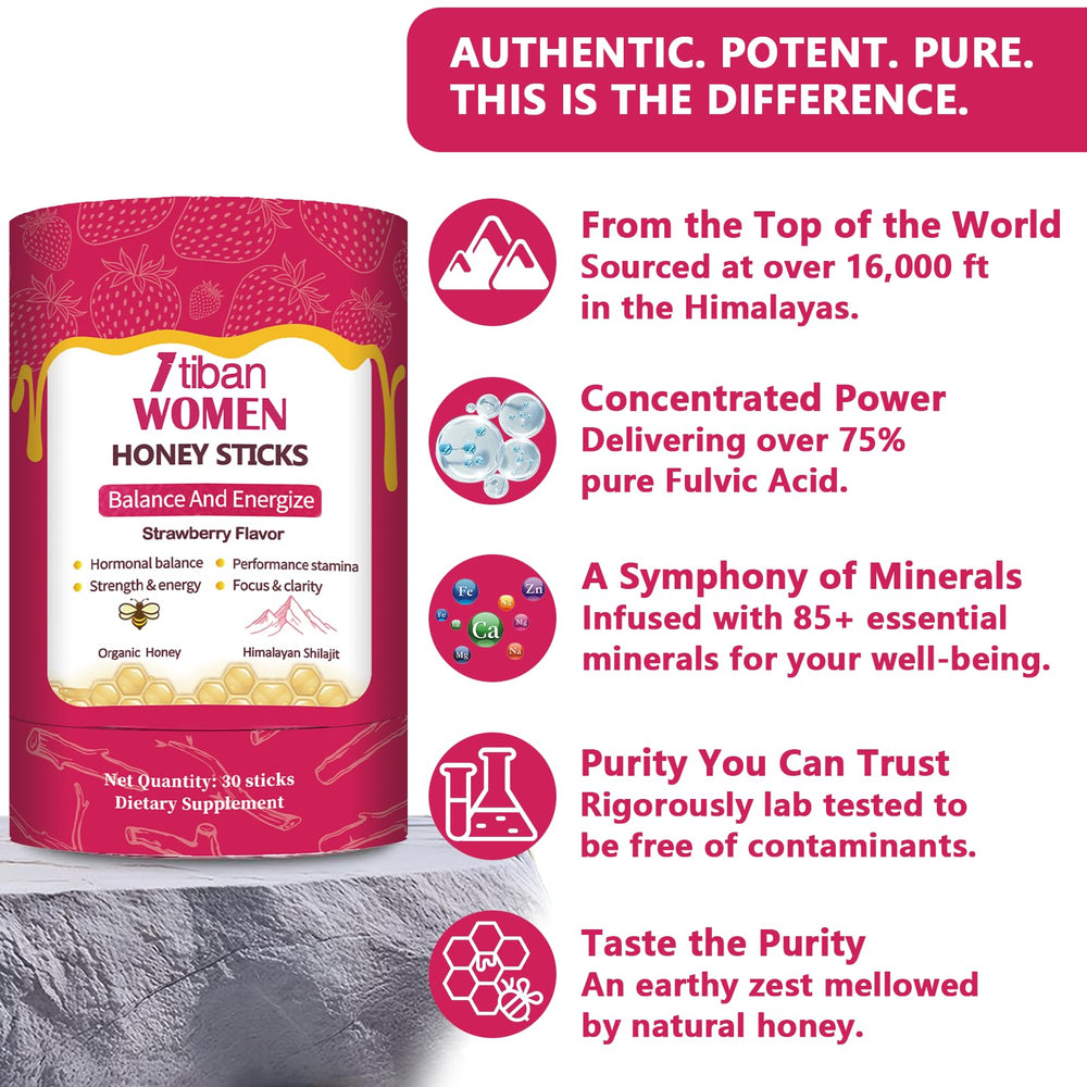 Itiban Shilajit Honey Sticks raw honey blend enhances focus and vitality.