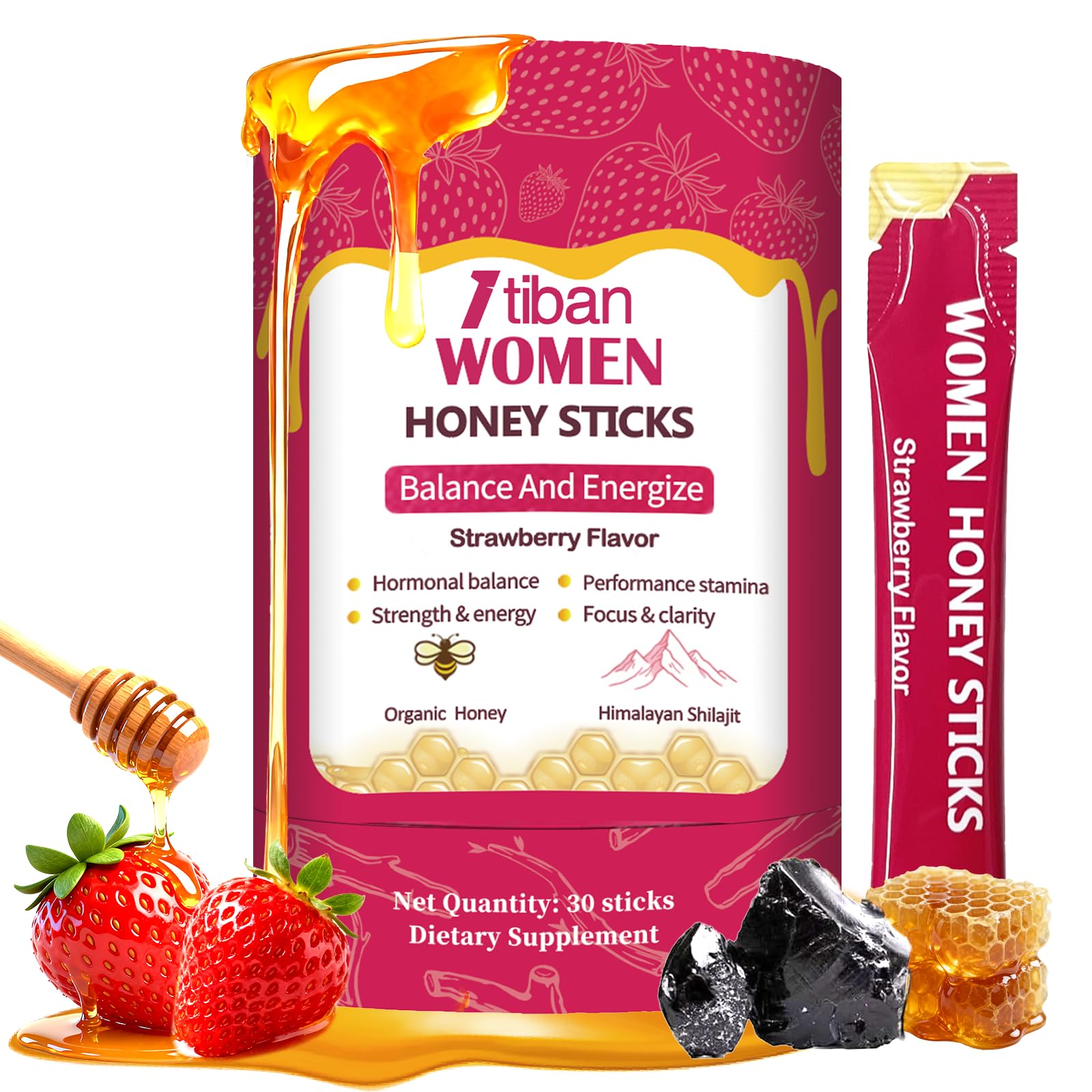 Itiban Shilajit Honey Sticks strawberry single-serve for daily energy.