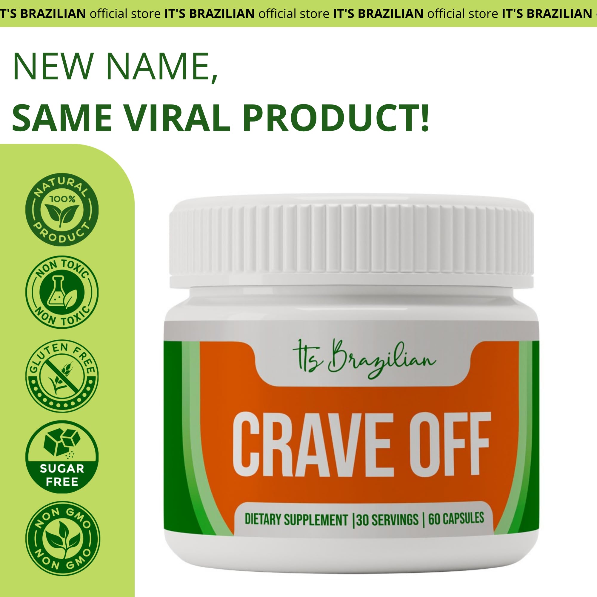 IT'S BRAZILIAN Crave-Off bottle cap highlighting sealed freshness and safety.