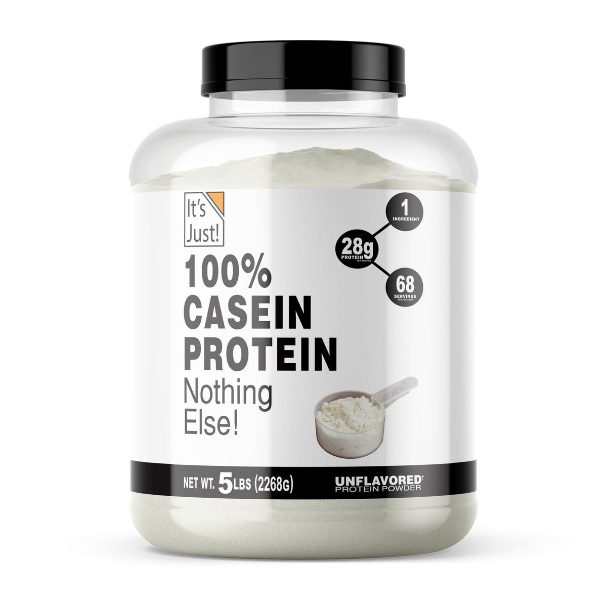 It's Just! unflavored micellar casein powder in a resealable jar, versatile protein for recipes.