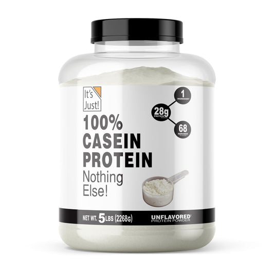 It's Just! unflavored micellar casein powder in a resealable jar, versatile protein for recipes.
