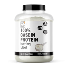 It's Just! unflavored micellar casein powder in a resealable jar, versatile protein for recipes.