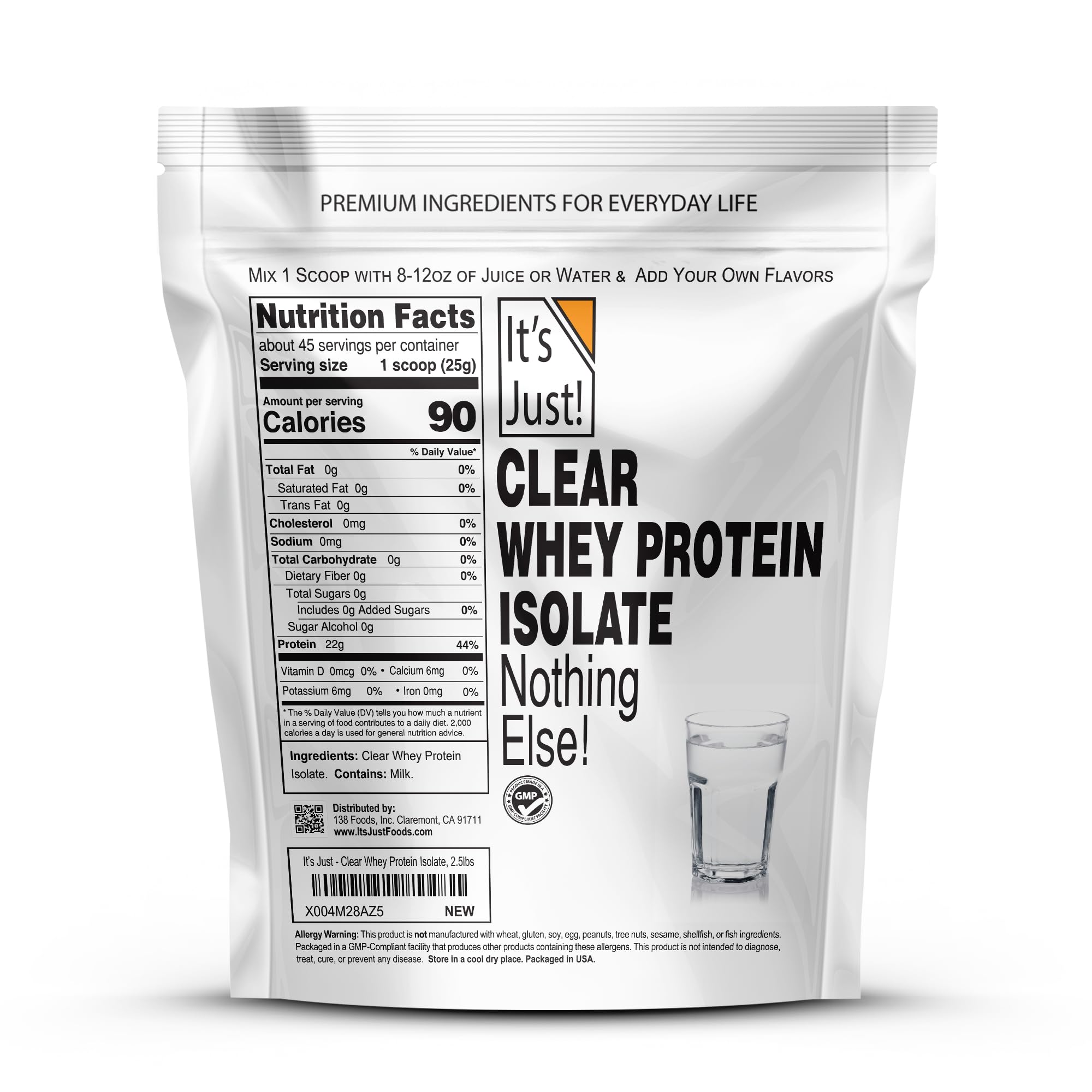 Its Just! Clear Whey Isolate powder scoop highlights a flavor-free protein base for customizable recipes.