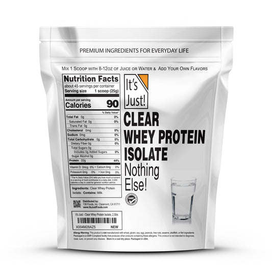 Its Just! Clear Whey Isolate powder scoop highlights a flavor-free protein base for customizable recipes.