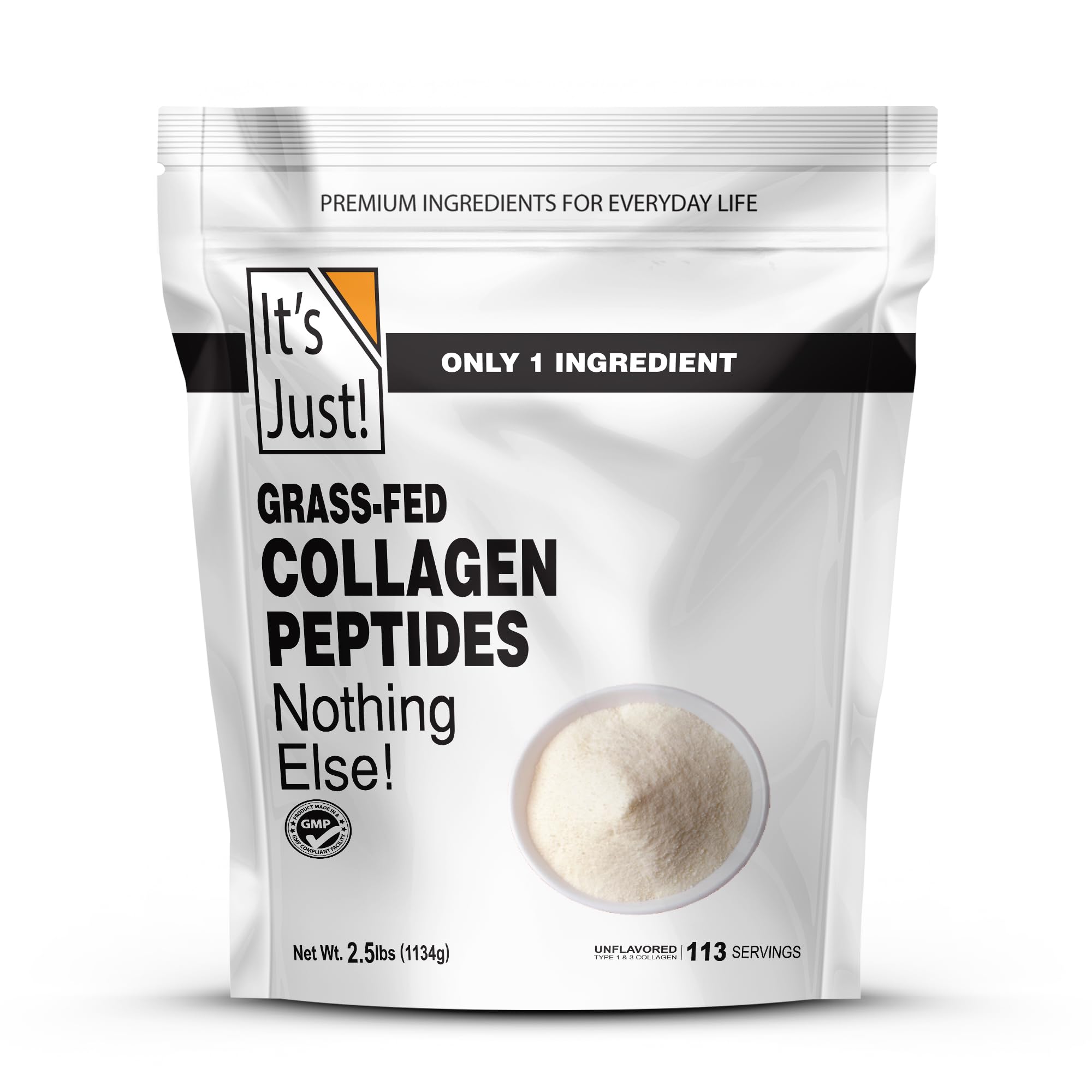 It's Just! Collagen peptides bottle shows premium grass-fed formula for skin and joints.