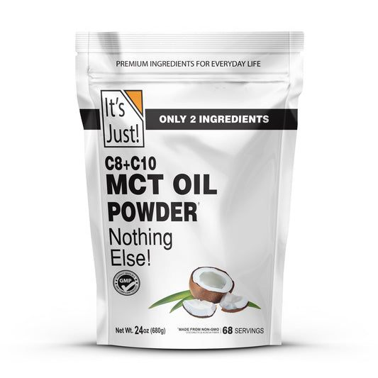 It's Just! MCT Oil Powder bottle front, highlighting keto-friendly energy source.