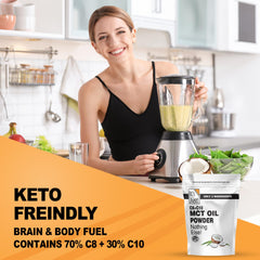 It's Just! MCT Oil Powder pouring into coffee for a smooth creamer.