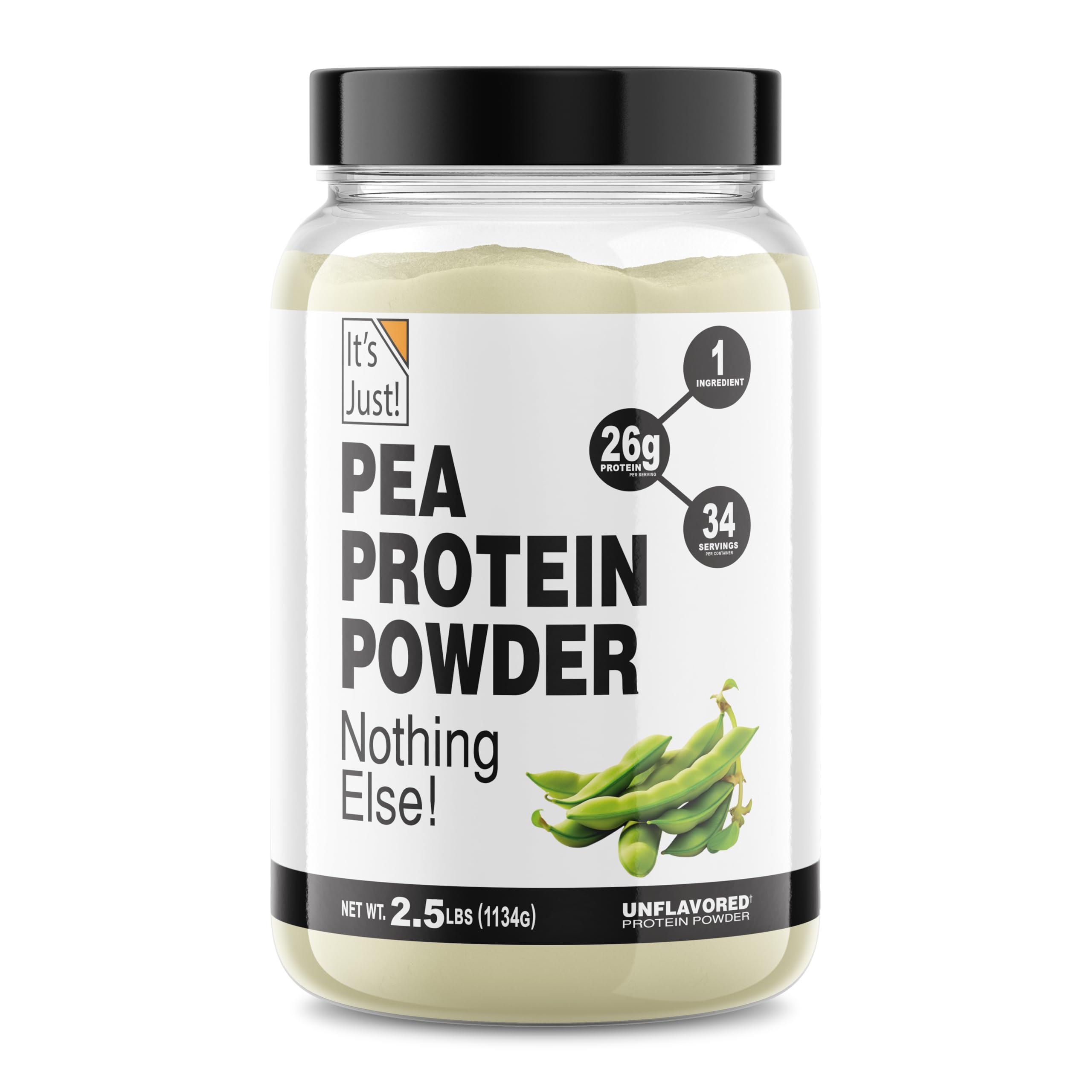 It's Just! pea protein unflavored tub front, premium plant-based protein.