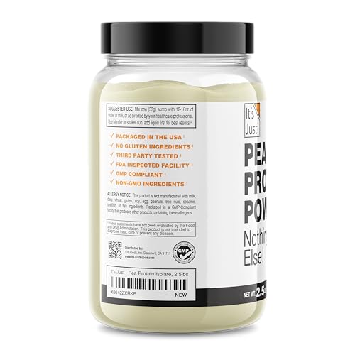 It's Just! pea protein unflavored tub label shows non-GMO and 2.5 lb size.