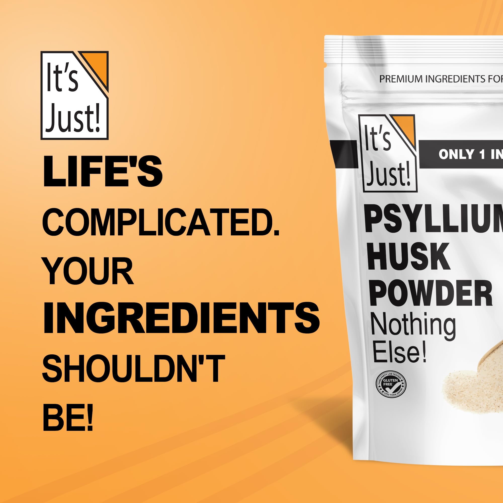 It's Just! psyllium husk powder packaging from India, USA facility label