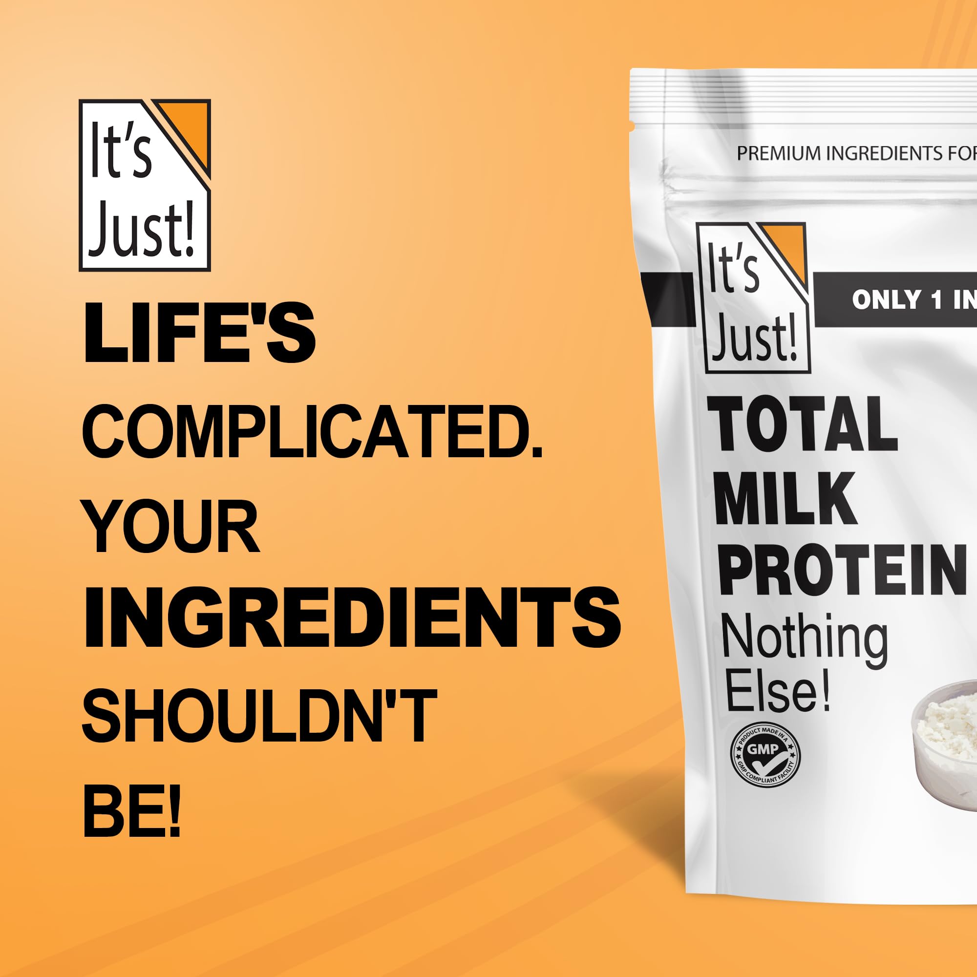 Its Just! Total Milk Protein Concentrate label closeup highlights 80/20 casein-whey composition.