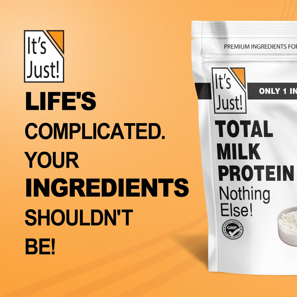Its Just! Total Milk Protein Concentrate label closeup highlights 80/20 casein-whey composition.