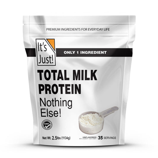 Its Just! Total Milk Protein Concentrate powder in a jar for high-protein shakes.