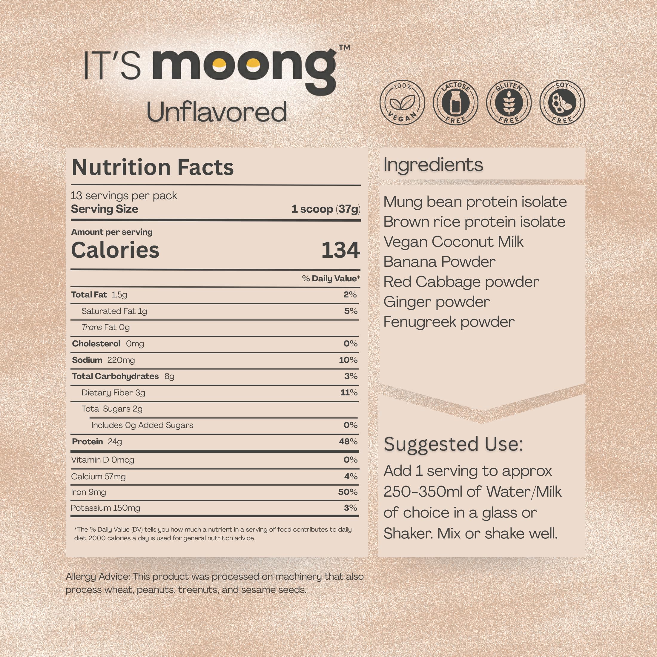 It's Moong protein powder nutrition label highlights 24g protein per scoop.