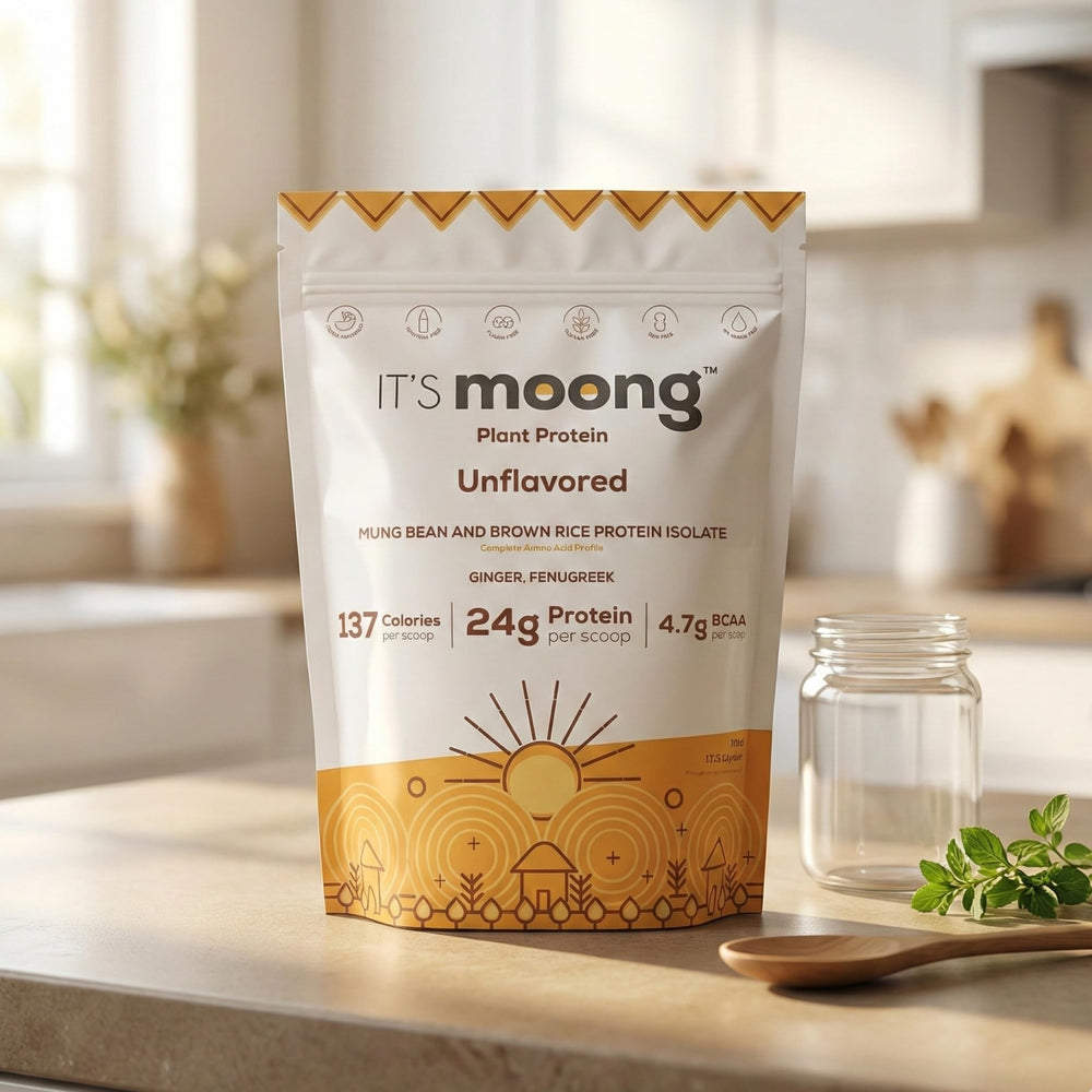 It's Moong Plant Protein scoop shows 24g protein per serving.