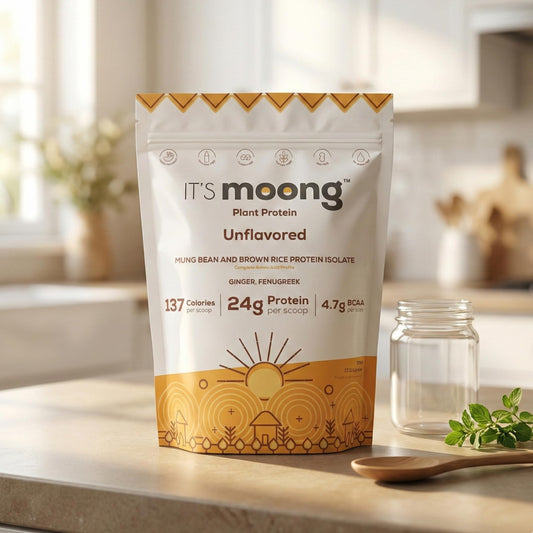 It's Moong Plant Protein scoop shows 24g protein per serving.