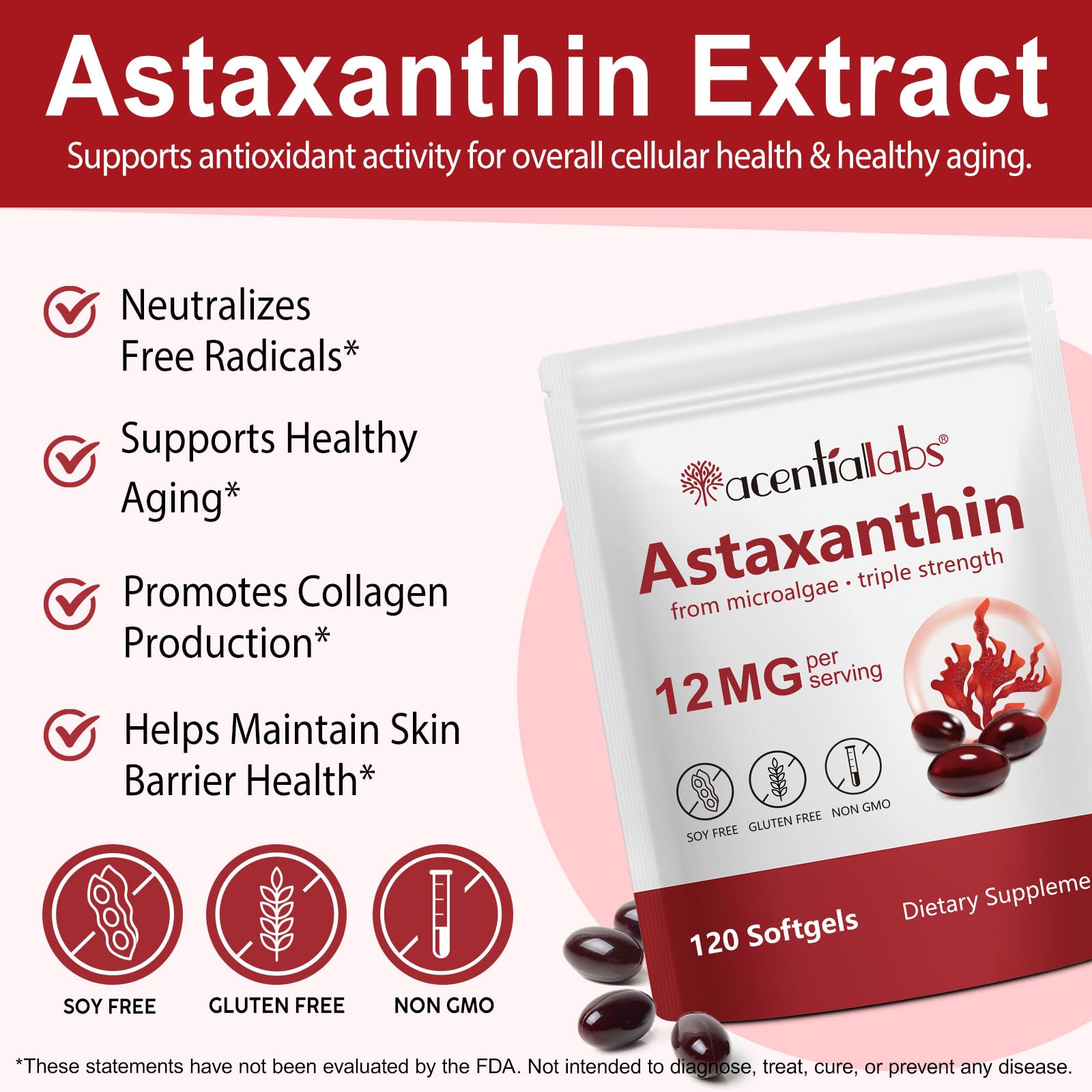 Close-up of ITSDAWN Astaxanthin softgels highlighting high-potency capsules.
