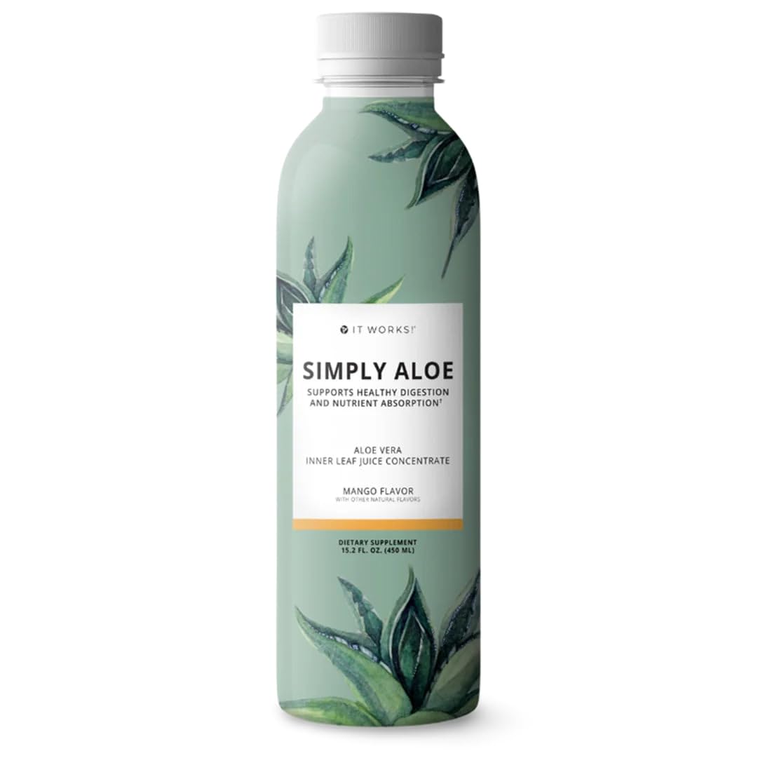 It Works! Simply Aloe Mango bottle showcases refreshing aloe drink for daily hydration.
