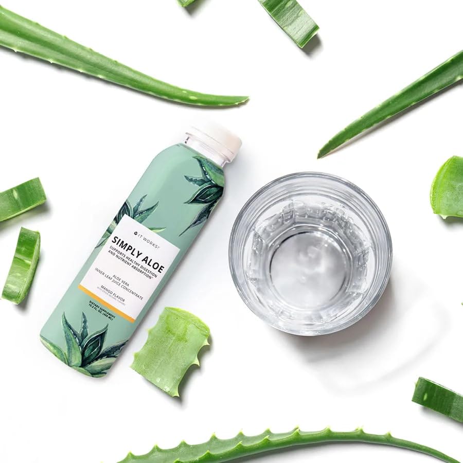 It Works! Simply Aloe Mango pour captured mid serve highlighting convenient on the go hydration.